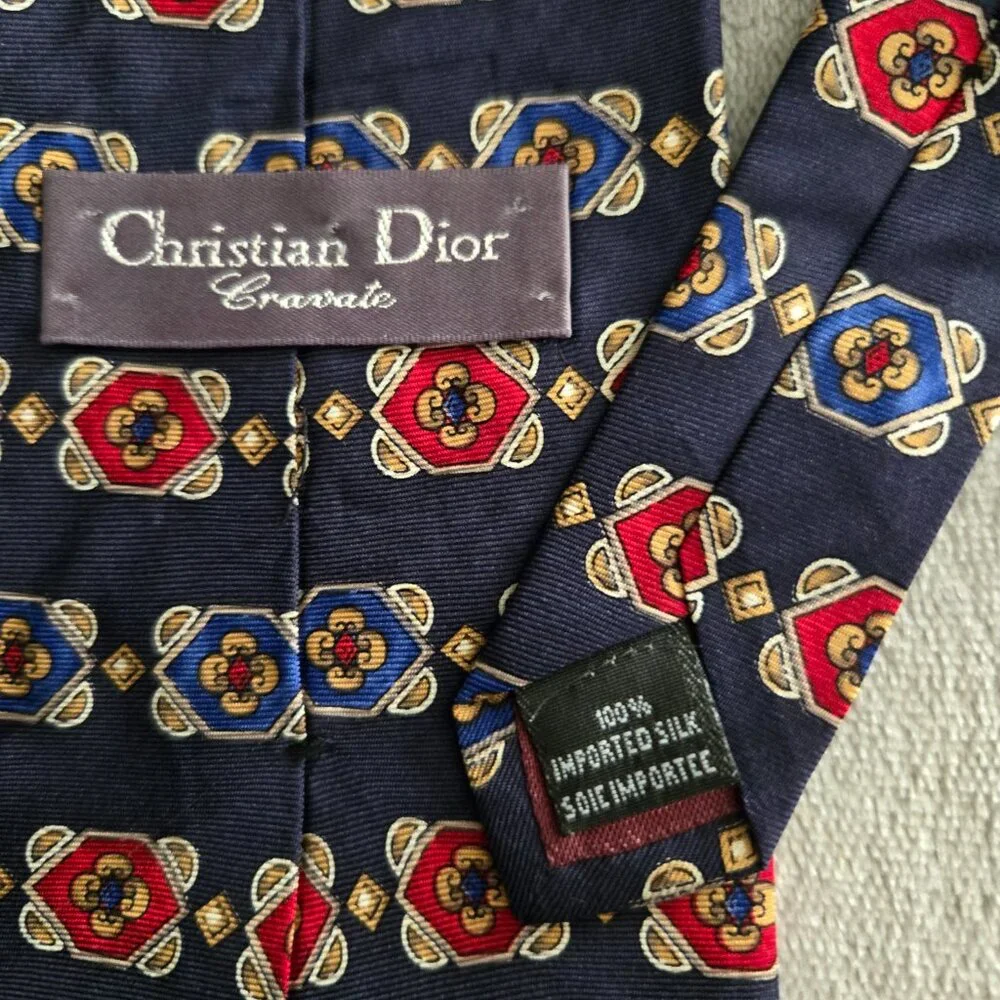 Christian Dior 100% Silk Vintage Luxury Blue Patterned Tie